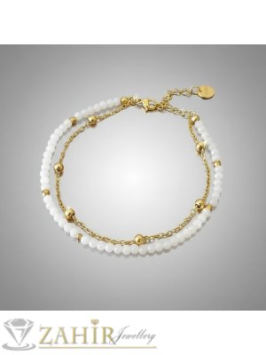 Красива гривна за ръка или глезен от естествен бял нефрит 3 мм и стоманена верижка с топчета, стоманени накрайници - GA3218